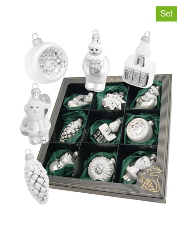 Krebs Glas Lauscha 9er-Set: Christbaumkugeln in Weiß/ Silber