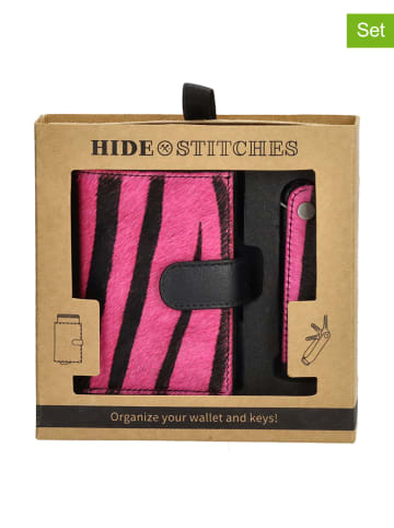 HIDE & STITCHES 2-delige set: leren portemonnee en sleutelhanger roze
