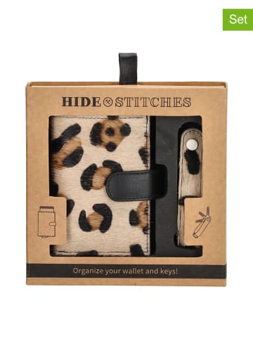 HIDE & STITCHES 2-delige set: leren portemonnee en sleutelhanger beige/zwart
