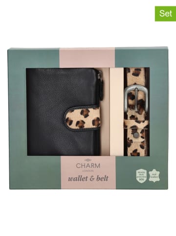 CHARM LONDON 2tlg. Set: Leder-Geldbörse & Gürtel in Schwarz/ Hellbraun