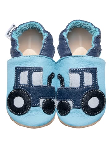 Hobea Leder-Krabbelschuhe "Traktor" in Hellblau/ Blau