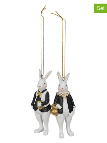 Clayre & Eef 2-delige set: decoratieve hangers "Konijnen" wit/zwart - (B)4 x (H)10 x (D)4 cm