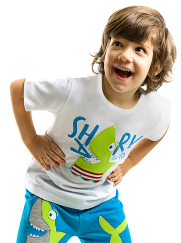 Denokids 2-delige outfit "Shark Island" wit/turquoise