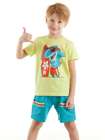 Denokids 2-delige outfit "Surfer Shark" geel/turquoise