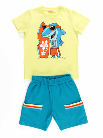 Denokids 2-delige outfit "Surfer Shark" geel/turquoise