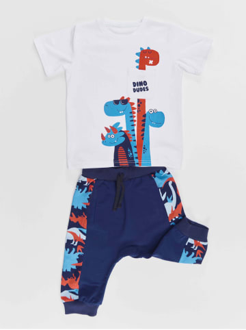 Denokids 2-delige outfit "Dino" wit/donkerblauw