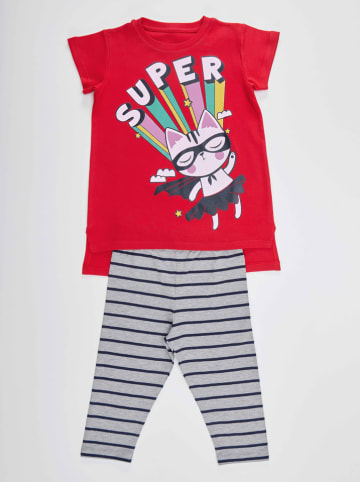 Denokids 2-delige outfit "Super Cat" rood/grijs