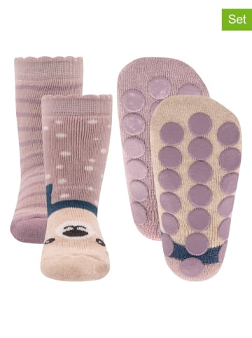 ewers 2er-Set: ABS-Socken "Teddygesicht und Mausezähnchen" in Lila/ Beige