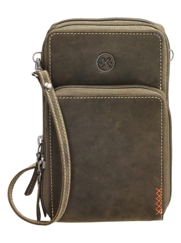 HIDE & STITCHES Leder-Handytasche in Khaki - (B)11 x (H)20 x (T)13 cm