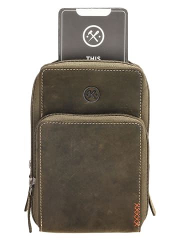 HIDE & STITCHES Leder-Handytasche in Khaki - (B)11 x (H)20 x (T)13 cm