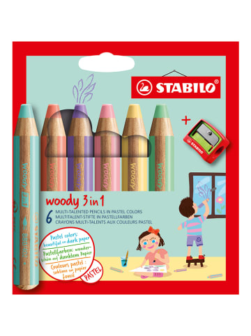 STABILO XXL-Buntstifte "Woody 3in1 - Pastel" - 6 Stück+Spitzer