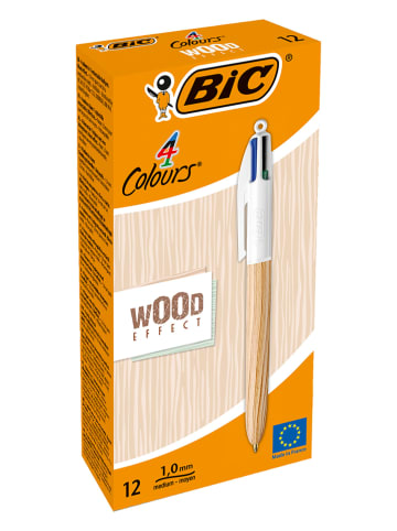 Bic Vierfarb-Druckkugelschreiber "4 colours - Wood Style" - 12 Stück