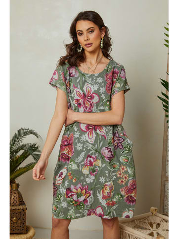 Lin Passion Lniana sukienka w kolorze oliwkowym ze wzorem