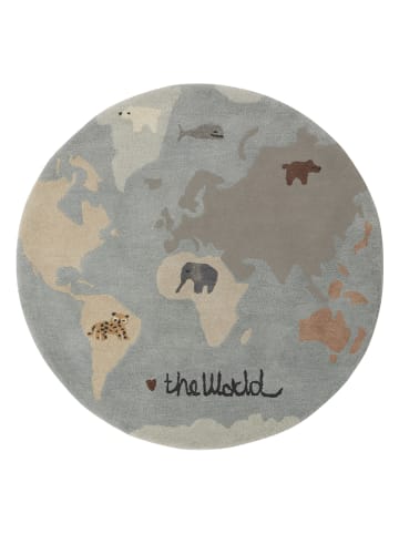 OYOY mini Wełniany dywan "The World" w kolorze błękitnym ze wzorem - Ø 120 cm