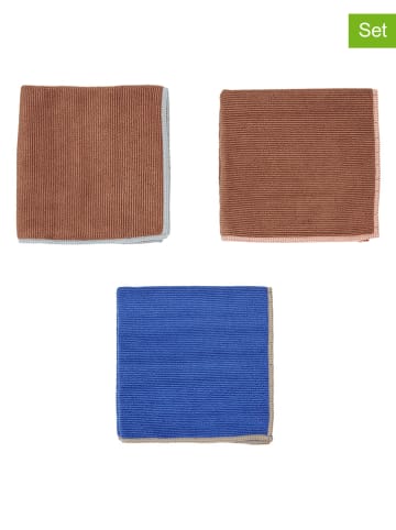 OYOY living design 3-delige set: vaatdoeken "Mundus" bruin/blauw - (L)30 x (B)30 cm
