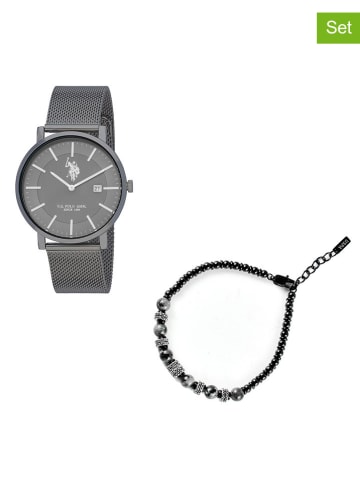U.S. Polo Assn. 2tlg. Geschenkbox: Quarzuhr und Armband in Anthrazit/ Schwarz