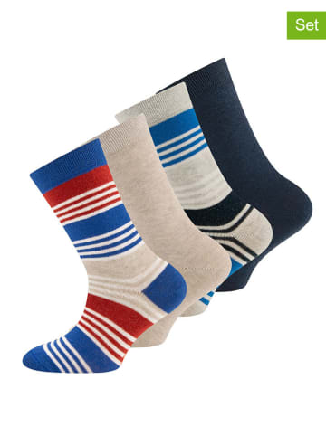 ewers 4er-Set: Socken "Ringel/ Uni" in Blau/ Rot/ Beige