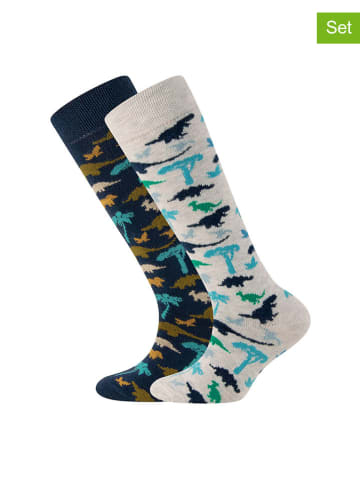 ewers 2er-Set: Kniestrümpfe "Dinos" in Dunkelblau/ Beige
