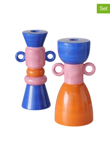 Boltze 2-delige set: kaarshouders "Mix" blauw/lichtroze/oranje - (H)21 cm