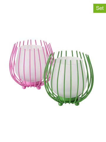 Boltze 2-delige set: windlichten "Laval" groen/roze - (H)13 x Ø 12 cm