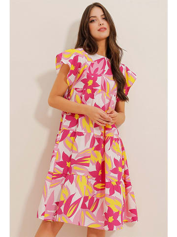 Defile Kleid in Pink/ Weiß/ Gelb