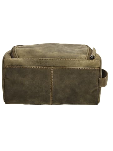 HIDE & STITCHES Leder-Kosmetiktasche in Khaki - (B)26 x (H)15 x (T)14,5 cm