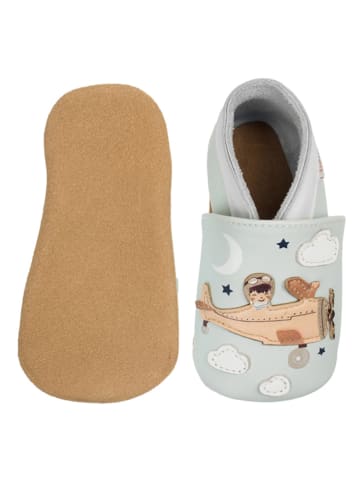 Lait et Miel Leder-Krabbelschuhe "Aviator" in Hellblau/ Beige