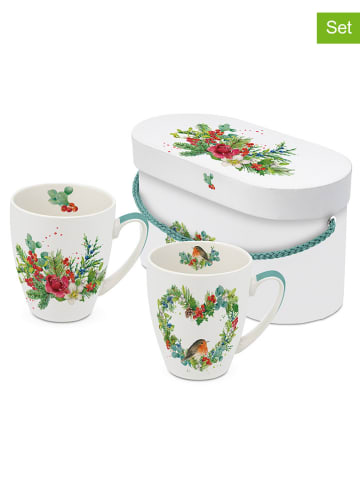 ppd 2er-Set: Jumbotassen "Robin Heart & Flora" in Weiß/ Grün - 350 ml