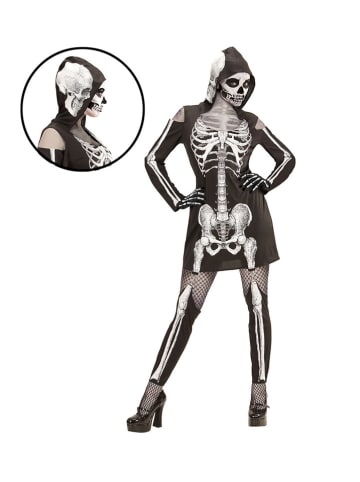 Carnival Party 2-delig kostuum "SKELETLADY" (jurk met capuchon, jarretels, legging) zwart