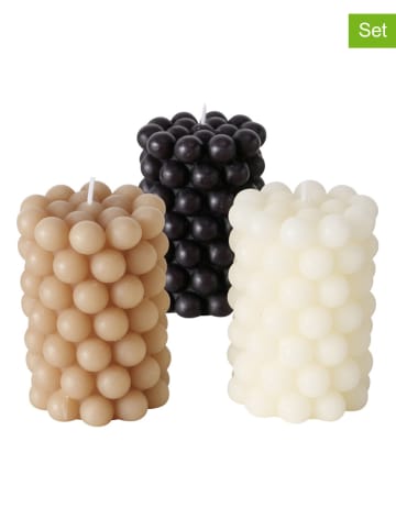 Boltze 3-delige set: stompkaarsen "Pearls" beige/wit/zwart - 3x 215 g