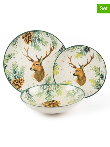 Trendy Kitchen by EXCÉLSA 12-częściowy zestaw talerzy "Nordic Deer" w kolorze kremowo-zielonym