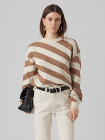 Vero Moda Sweter "Vmlara" w kolorze jasnobrązowo-białym