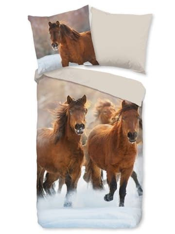 Good Morning Flanell-Bettwäsche-Set "Ponies" in Hellbraun