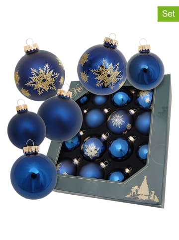 Krebs Glas Lauscha 16er-Set: Christbaumkugeln "Big & Small Snowflakes" in Blau - Ø 7 cm