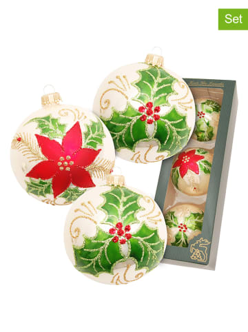 Krebs Glas Lauscha 3er-Set: Christbaumkugeln "Weihnachtsstern" in Creme/ Grün/ Rot - Ø 8 cm