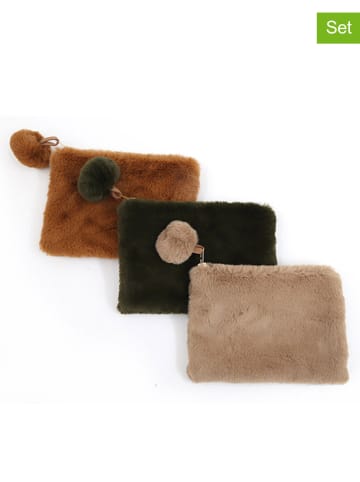 SiL Interiors 3er-Set: Kosmetiktasche in Hellbraun/ Dunkelgrün/ Beige - (B)23 x (H)16 cm