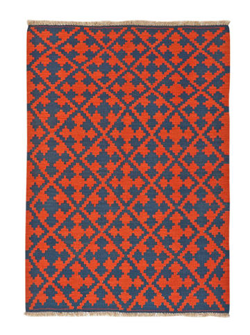 Rugtales Scheerwollen tapijt donkerblauw/oranje