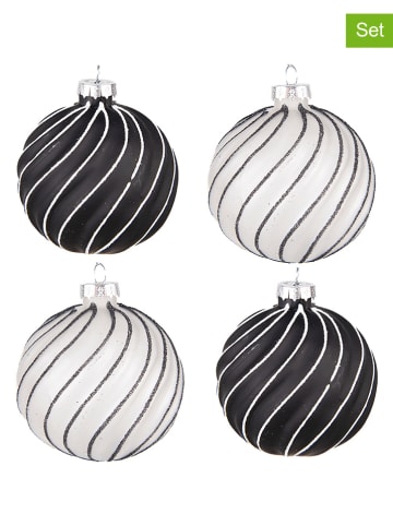 Clayre & Eef 4-delige set: kerstballen zwart/wit - Ø 8 cm