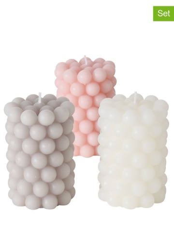 Boltze 3er-Set: Stumpenkerzen "Pearls" in Grau/ Rosa/ Weiß - 3x 215 g