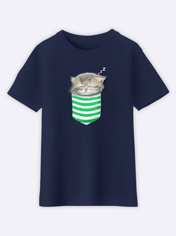 WOOOP Shirt "Cat in the pocket" donkerblauw
