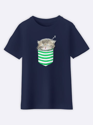 WOOOP Shirt "Cat the pocket" donkerblauw
