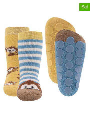 ewers 2-delige set: antislipsokken "Aapje" geel/blauw