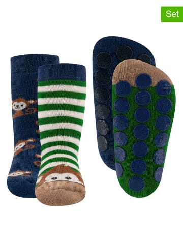 ewers 2-delige set: antislipsokken "Aapje" donkerblauw/groen