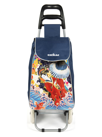 Trendy Kitchen by EXCÉLSA Wózek "Kimono" w kolorze granatowym ze wzorem na zakupy - 36 x 96 x 28 cm