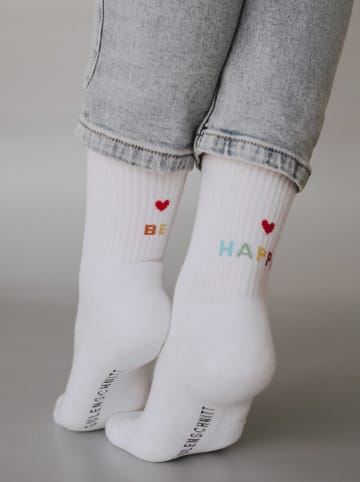 Eulenschnitt Socken "be happy" in Weiß