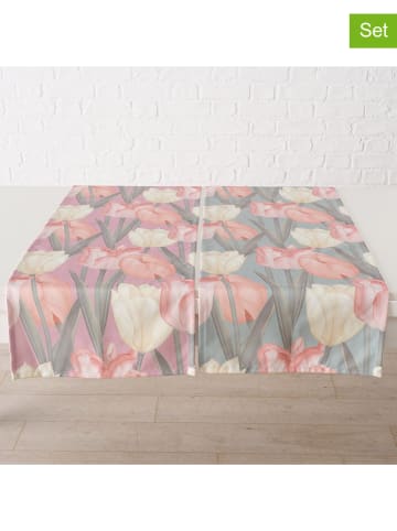 Boltze 2-delige set: tafellopers "Tulipa" lichtroze/groen - (L)140 x (B)40 cm