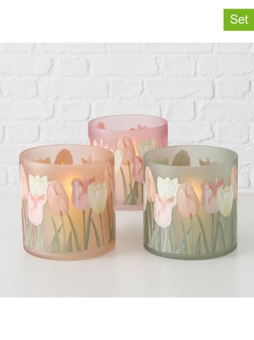 Boltze 3er-Set: Windlicht "Tulipa" in Grün/ Rosa - (H)15 cm