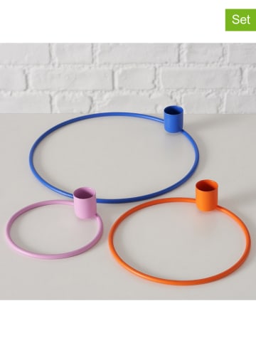 Boltze 3-delige set: kaarshouders "Circulus" blauw/oranje/lichtroze - (H)3 cm