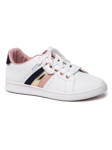 Foreverfolie Skórzane sneakersy w kolorze granatowo-jasnoróżowo-białym