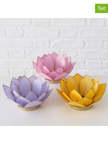Boltze 3er-Set: Teelichthalter "Flowers" in Gelb/ Rosa/ Lila - (H)6 cm